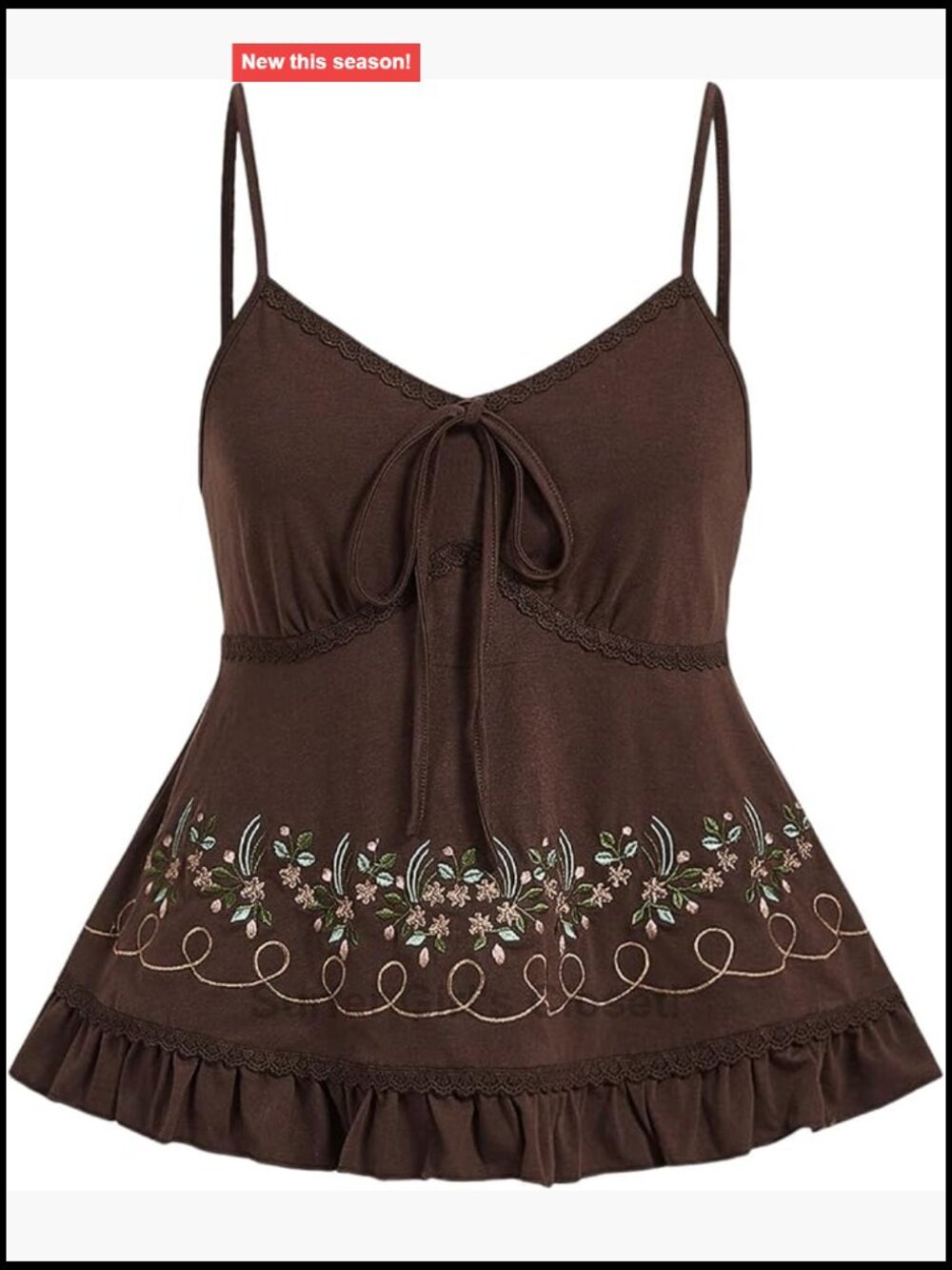 Women's Floral Embroidery Tie Front Ruffle Hem Cami Tank Top